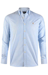 RALPH LAUREN Camicia Uomo a Righe Bianca e Azzurra Slim Fit Camicia Button-Down Maniche Lunghe Pony Ricamato Ralph