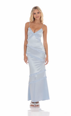 Satin V-Neck Ruffle Mermaid Maxi Dress in Light Blue