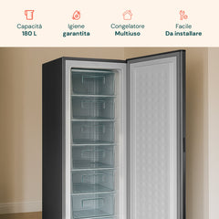 Capacità 180L con igiene garantita, congelatore multiuso facile da installare, dimensioni 544x540x1425mm compatte