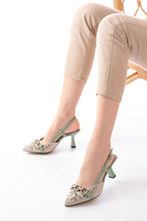 Bossinly Fıstık Yeşili Keten Günlük Arkası Açık Tokalı Topuklu Kadın Ayakkabı