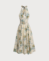 Sueña Sarı Çiçekli Straplez Midi Elbise