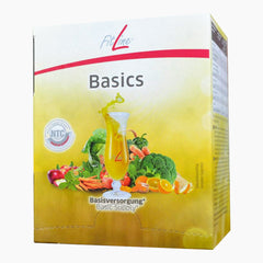 Faltschachtel FitLine Basics mit Aufdruck Glas gelbe Flüssigkeit und Gemüse, 30 Portionen