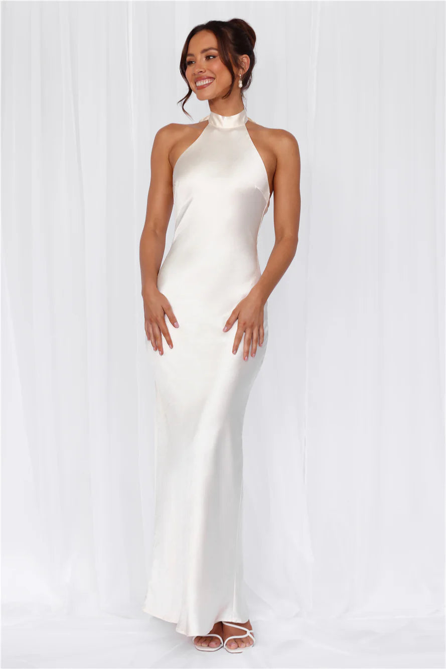 The Cleo Halter Satin Maxi Dress Pearl