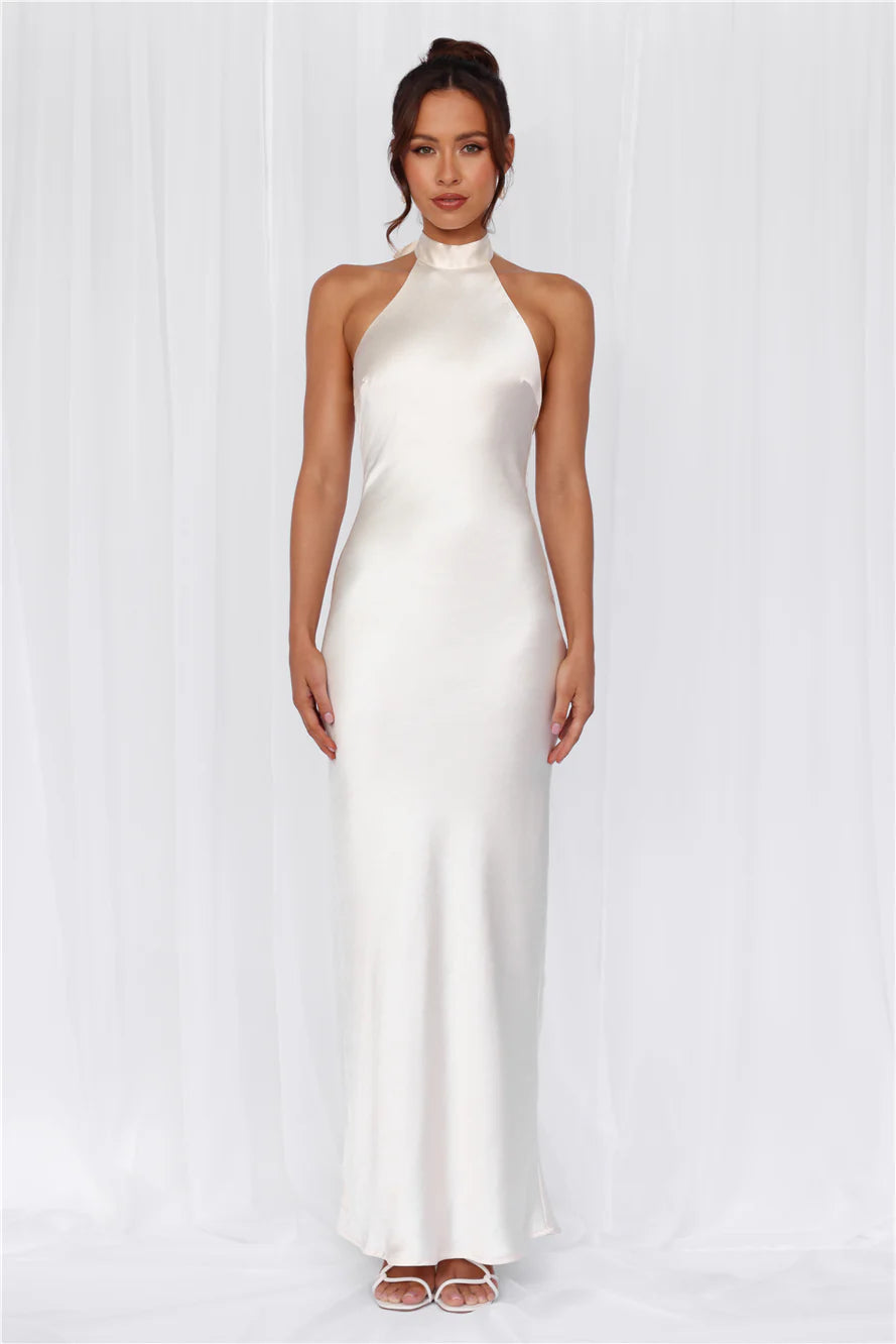 The Cleo Halter Satin Maxi Dress Pearl