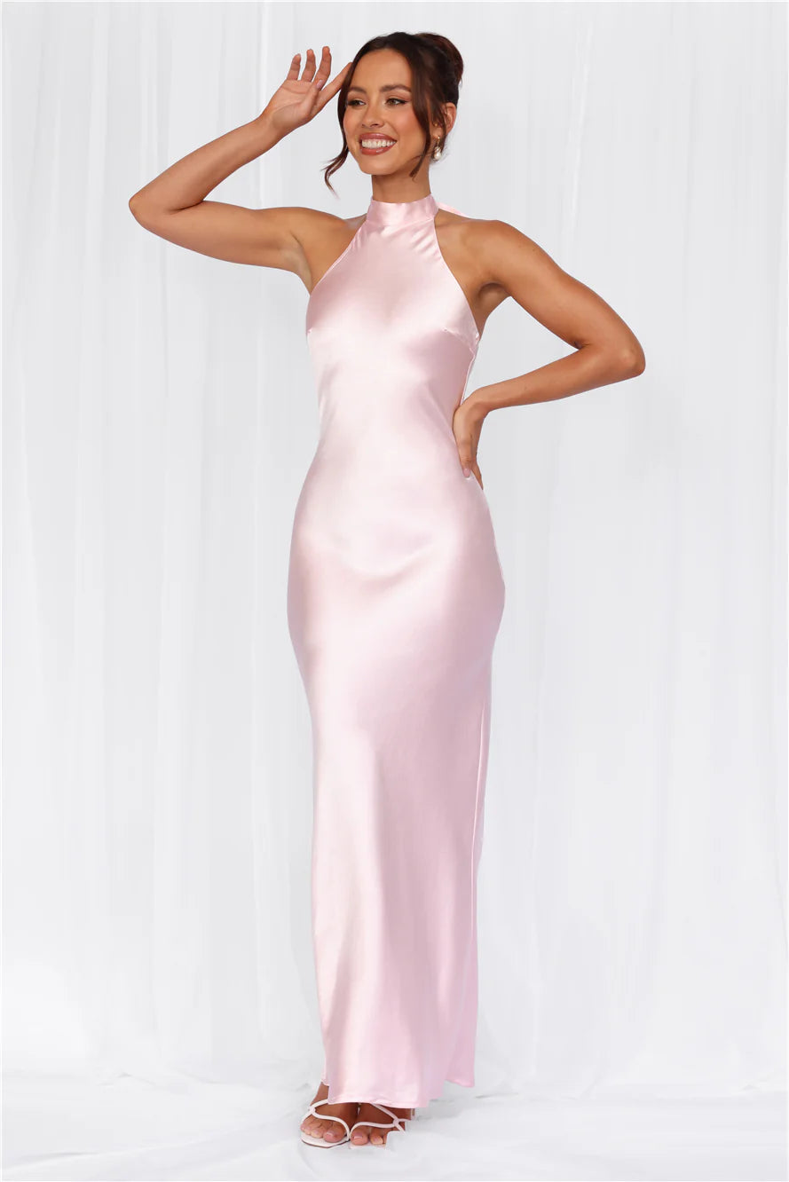 The Cleo Halter Satin Maxi Dress Pink