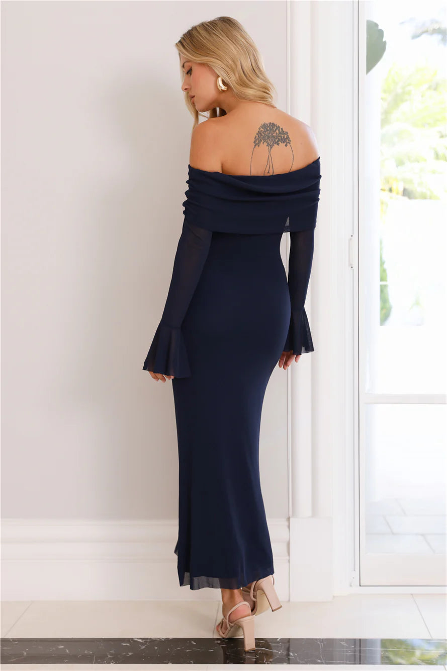 Decadence Off Shoulder Mesh Maxi Dress Navy