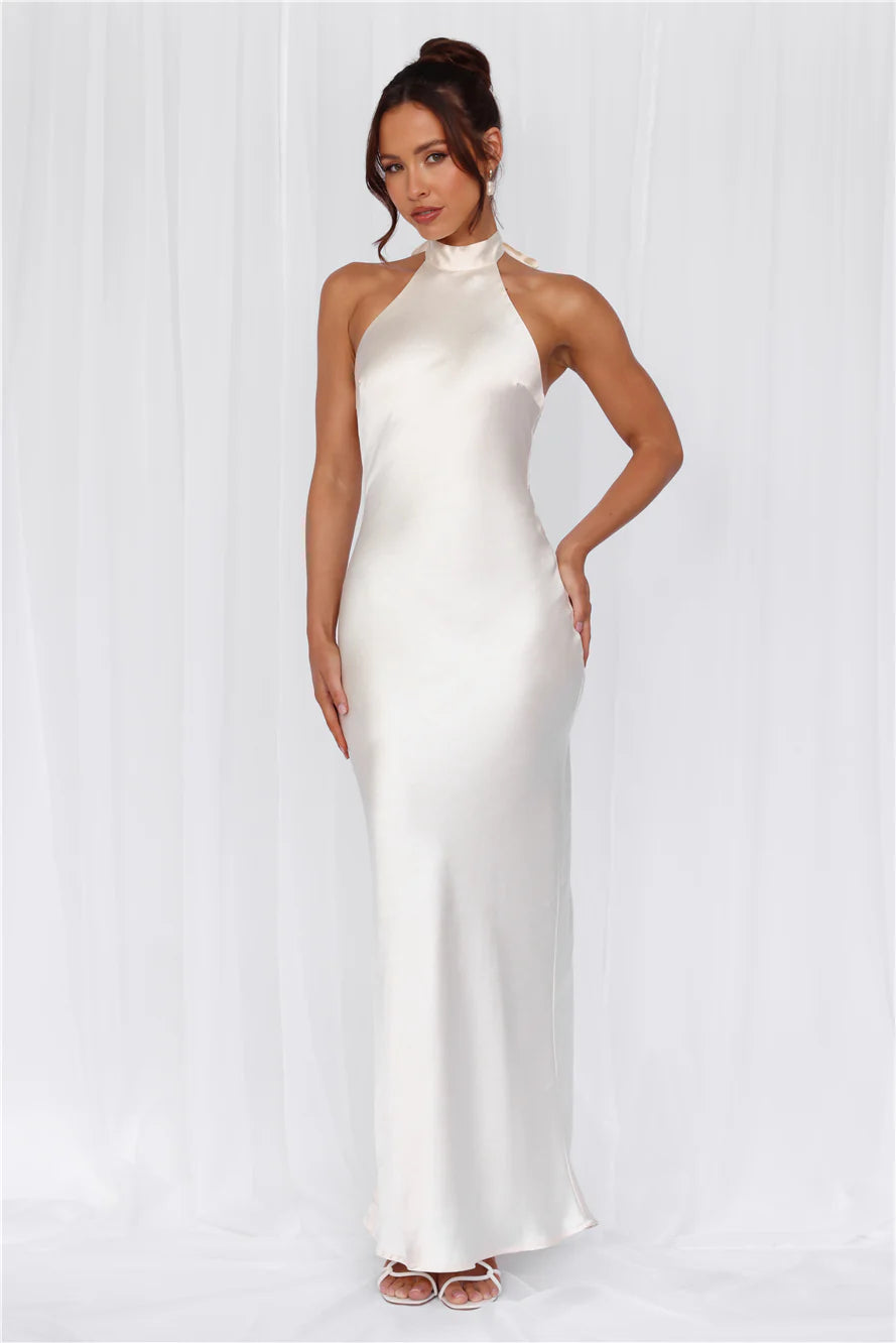 The Cleo Halter Satin Maxi Dress Pearl