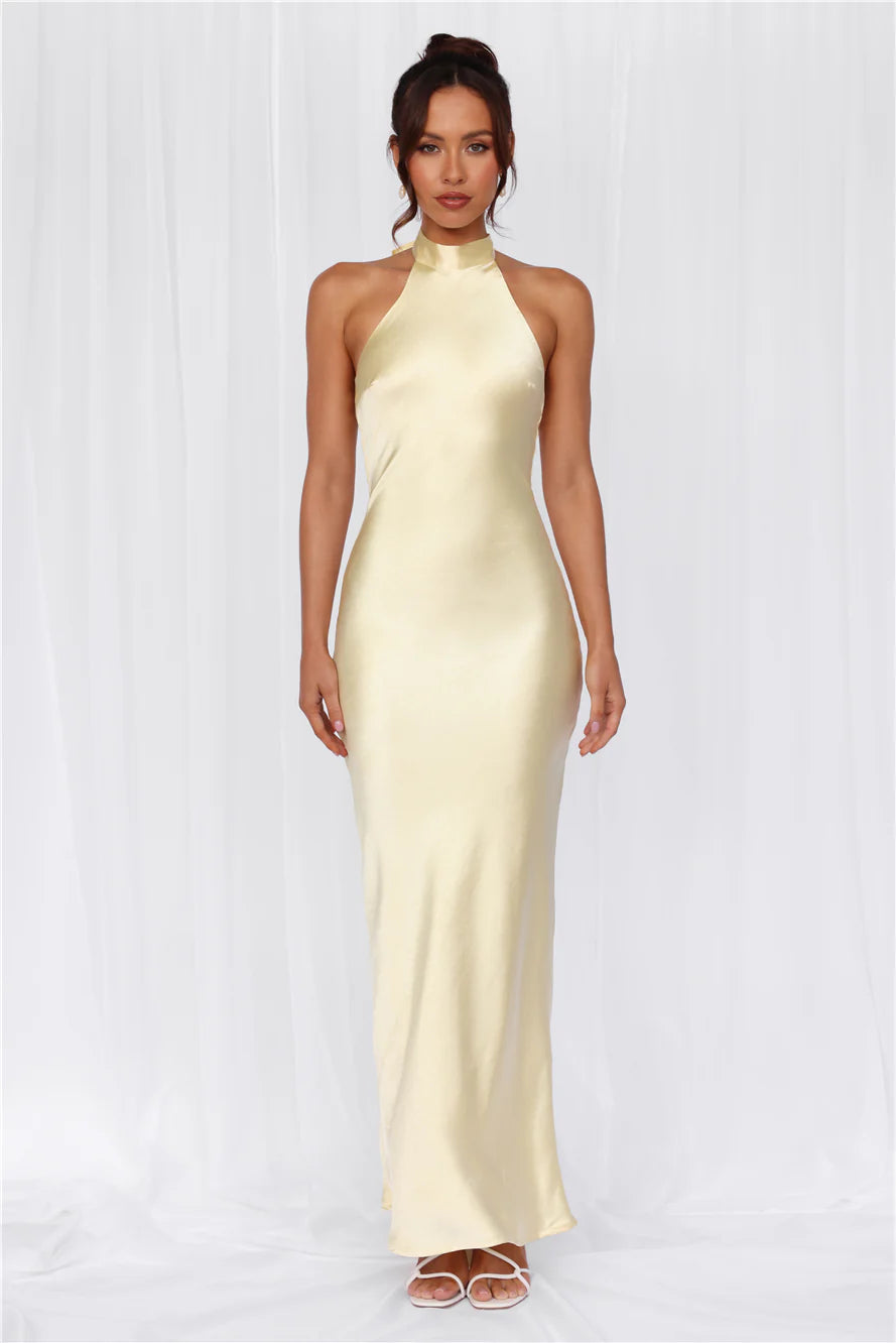 The Cleo Halter Satin Maxi Dress Yellow