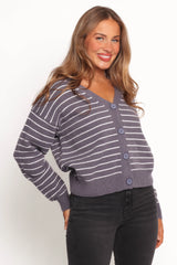 Zammy Lurex Strip Button Front Cardigan - Grey