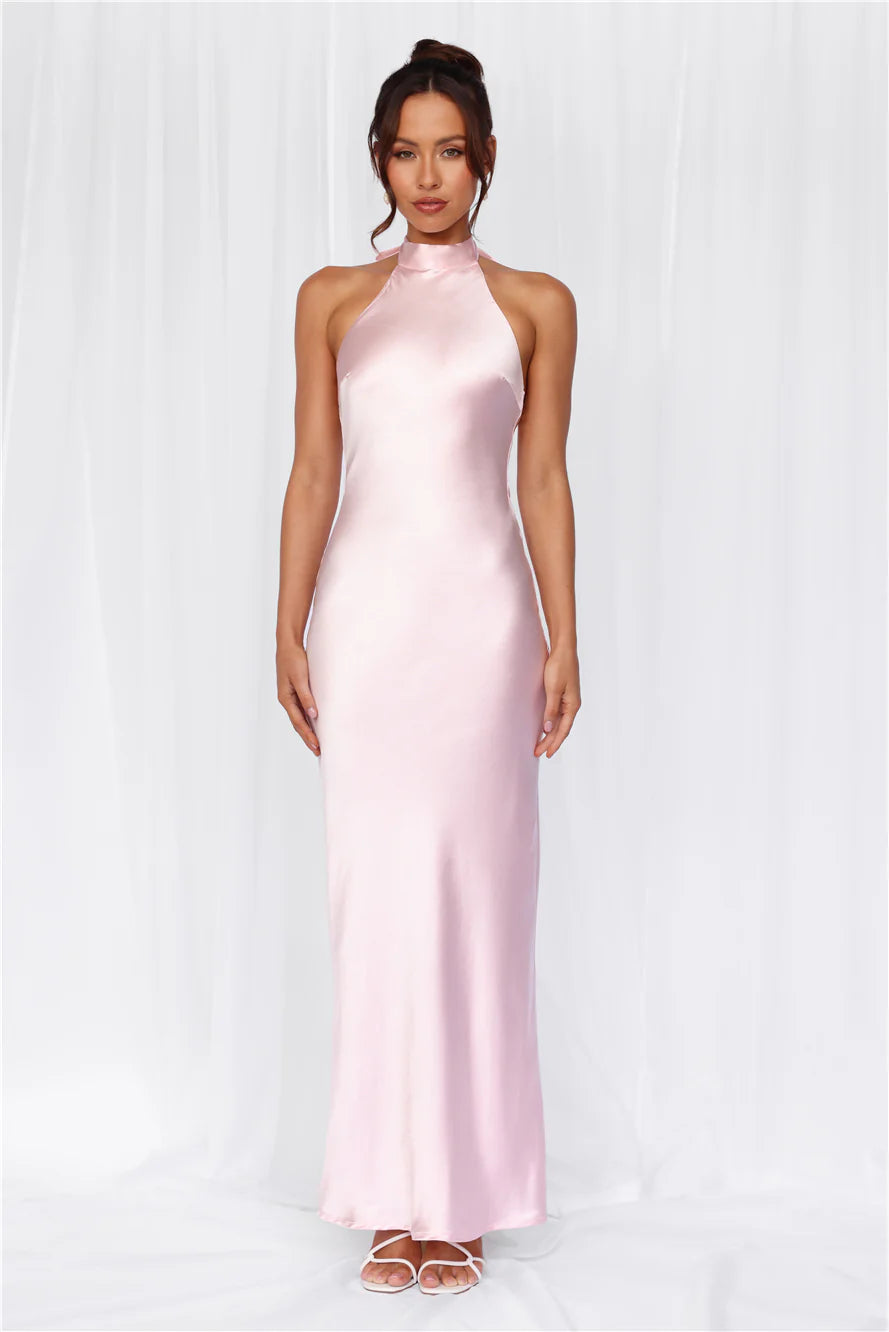 The Cleo Halter Satin Maxi Dress Pink