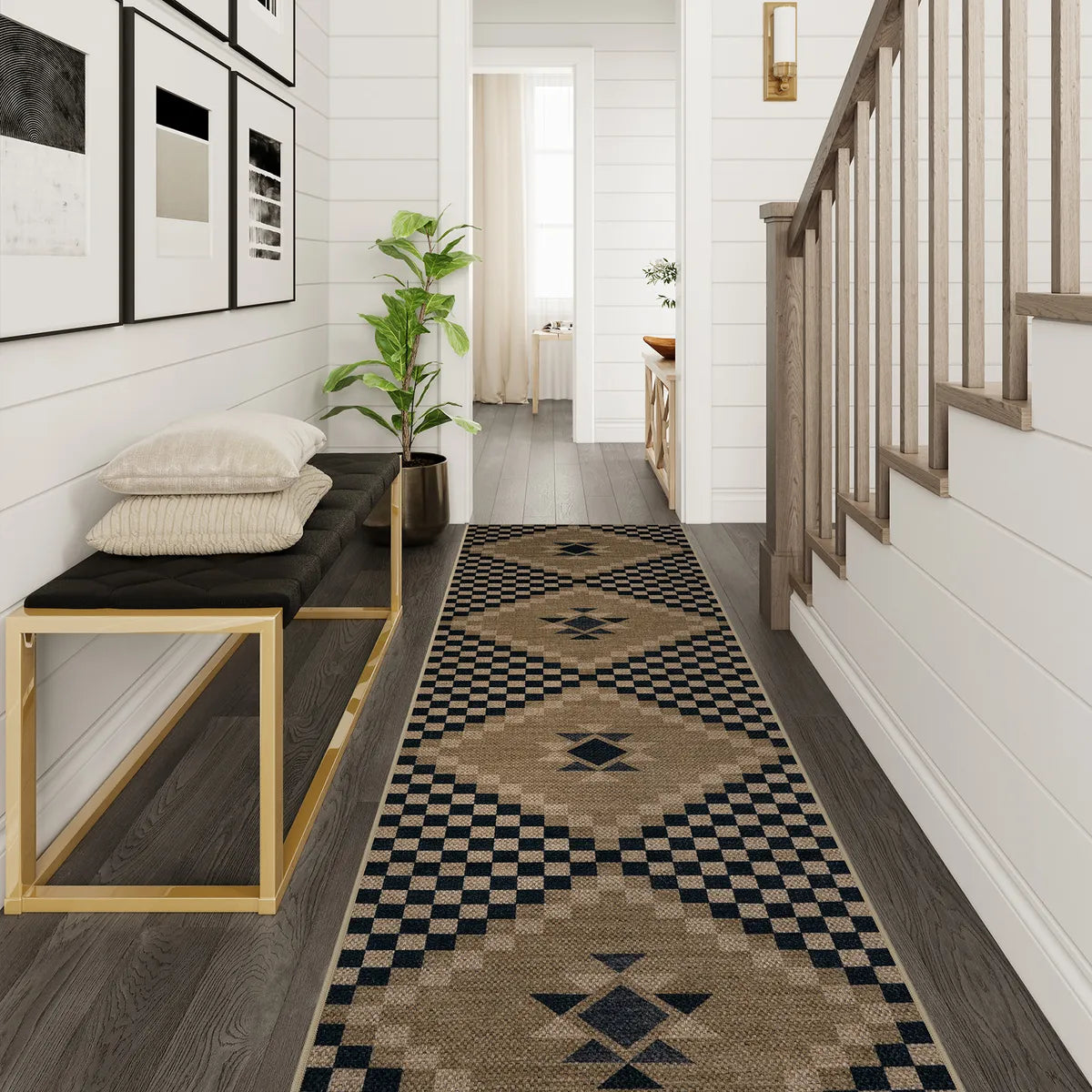 Lunette Washable Tribal Soft Easy Jute Black Indoor/Outdoor Runner Rug Easy Jute Rug Lahome