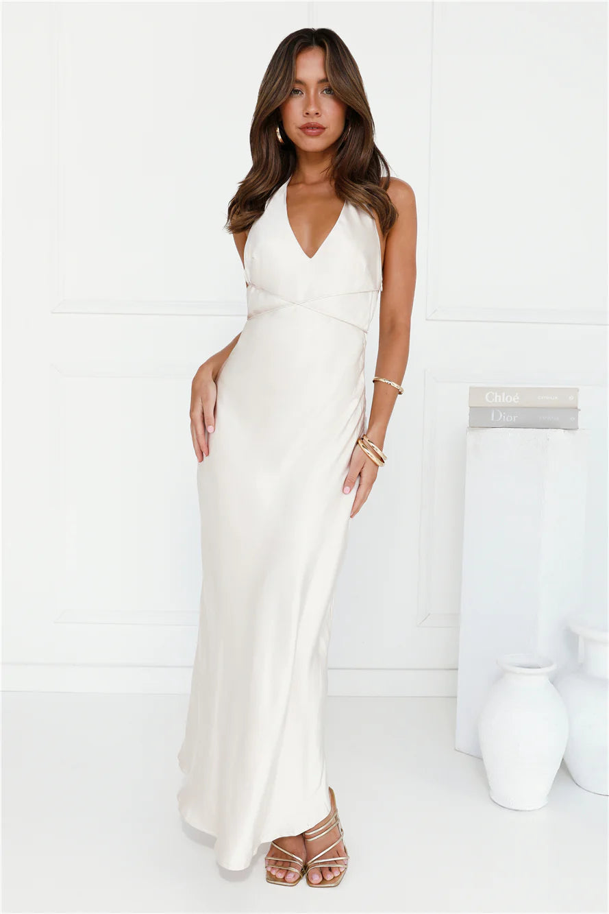 Endless City Halter Satin Maxi Dress Champagne