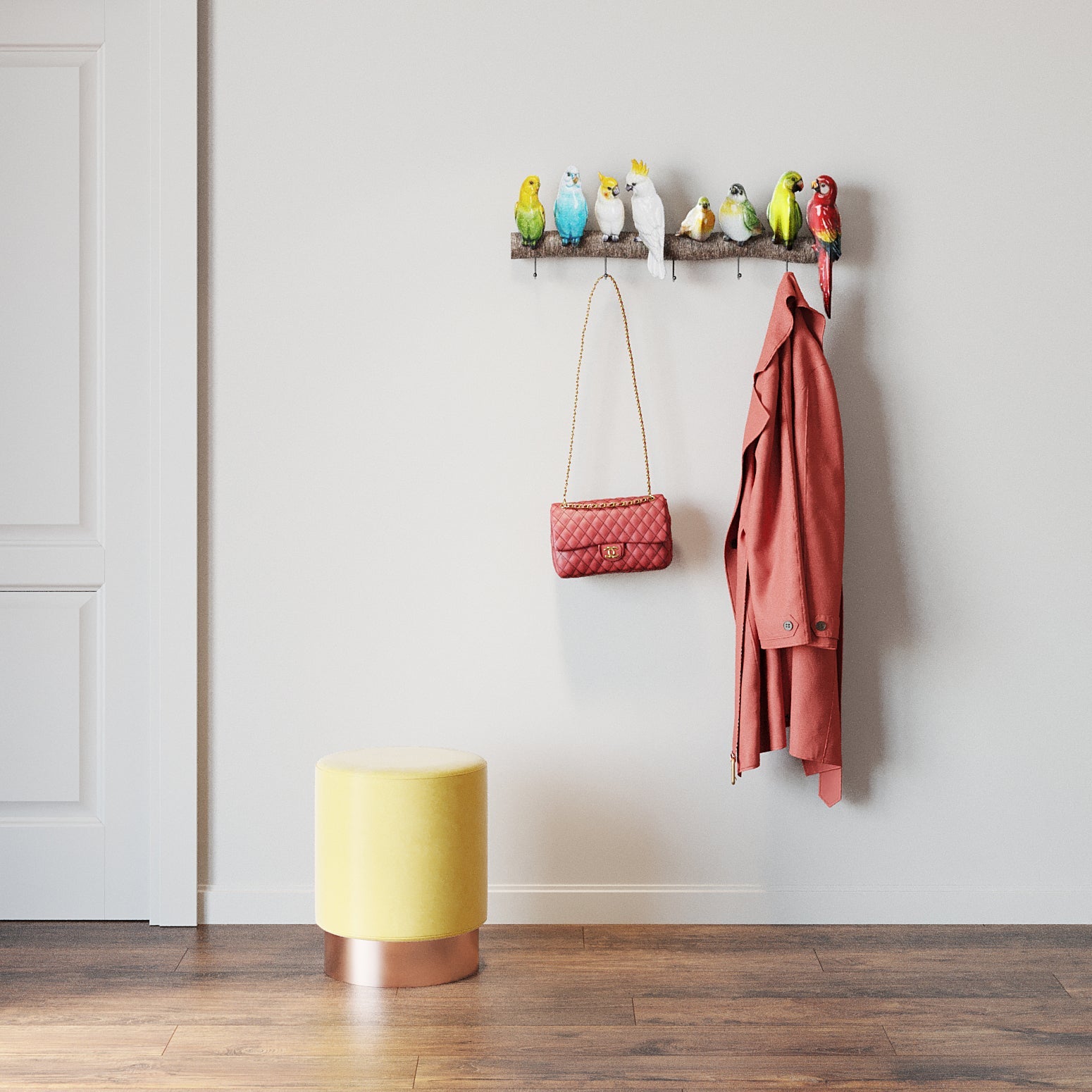 Bunte Garderobe mit Vogelpärchen Wandhaken: Die farbenfrohen Vogel-Wandhaken halten einen pinken Mantel und eine Tasche, während ein gelber Hocker den Endless-Summer-Feeling-Look auf dem Holzfußboden abrundet.