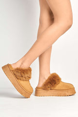 Ursella Faux Fur Lining Flatform Slippers in Camel