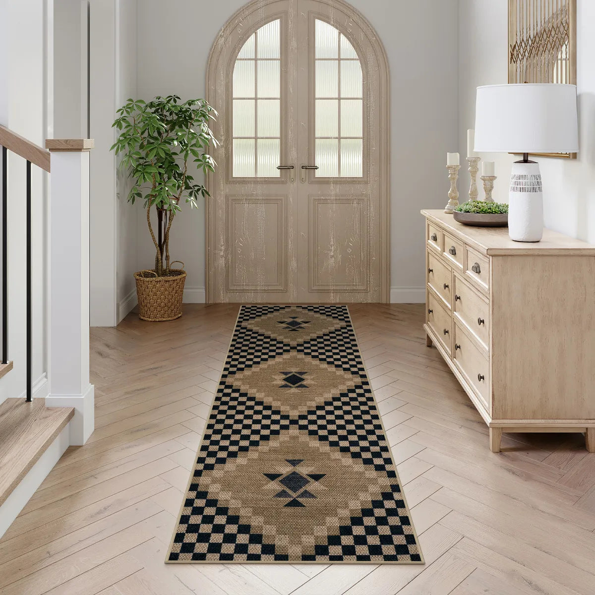 Lunette Washable Tribal Soft Easy Jute Black Indoor/Outdoor Runner Rug Easy Jute Rug Lahome