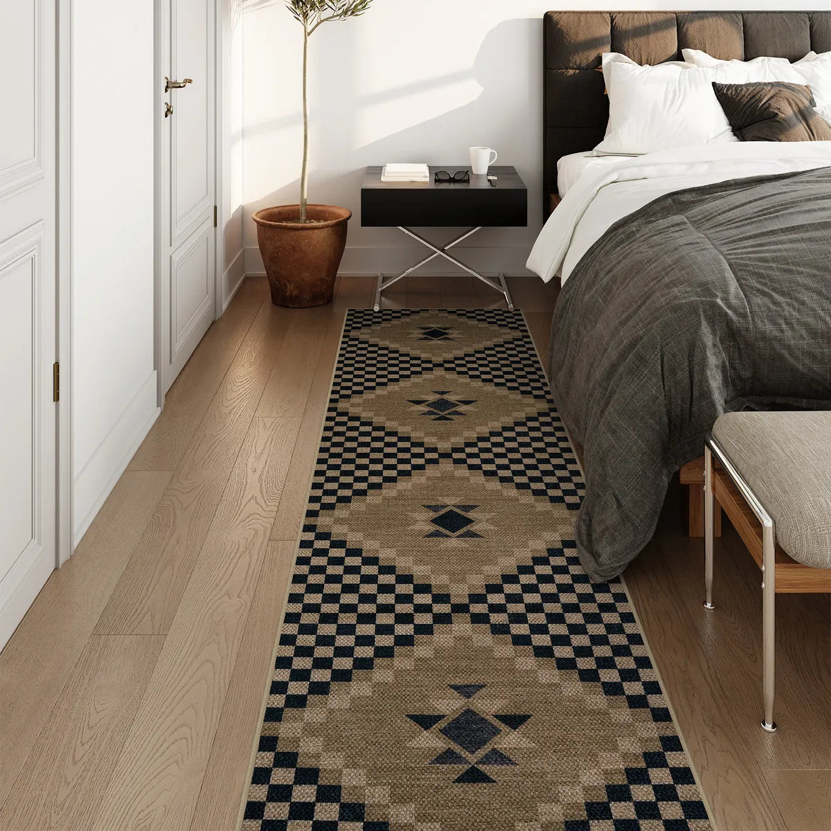 Lunette Washable Tribal Soft Easy Jute Black Indoor/Outdoor Runner Rug Easy Jute Rug Lahome