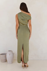 Satin Whisper Off Shoulder Maxi Dress Sage