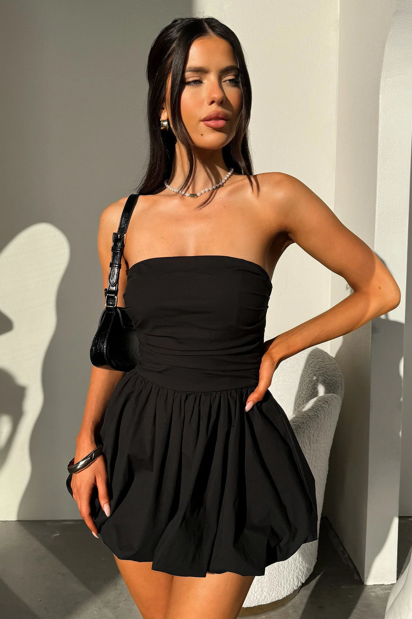 Olicia Strapless Bubble Skirt Mini Dress - Black