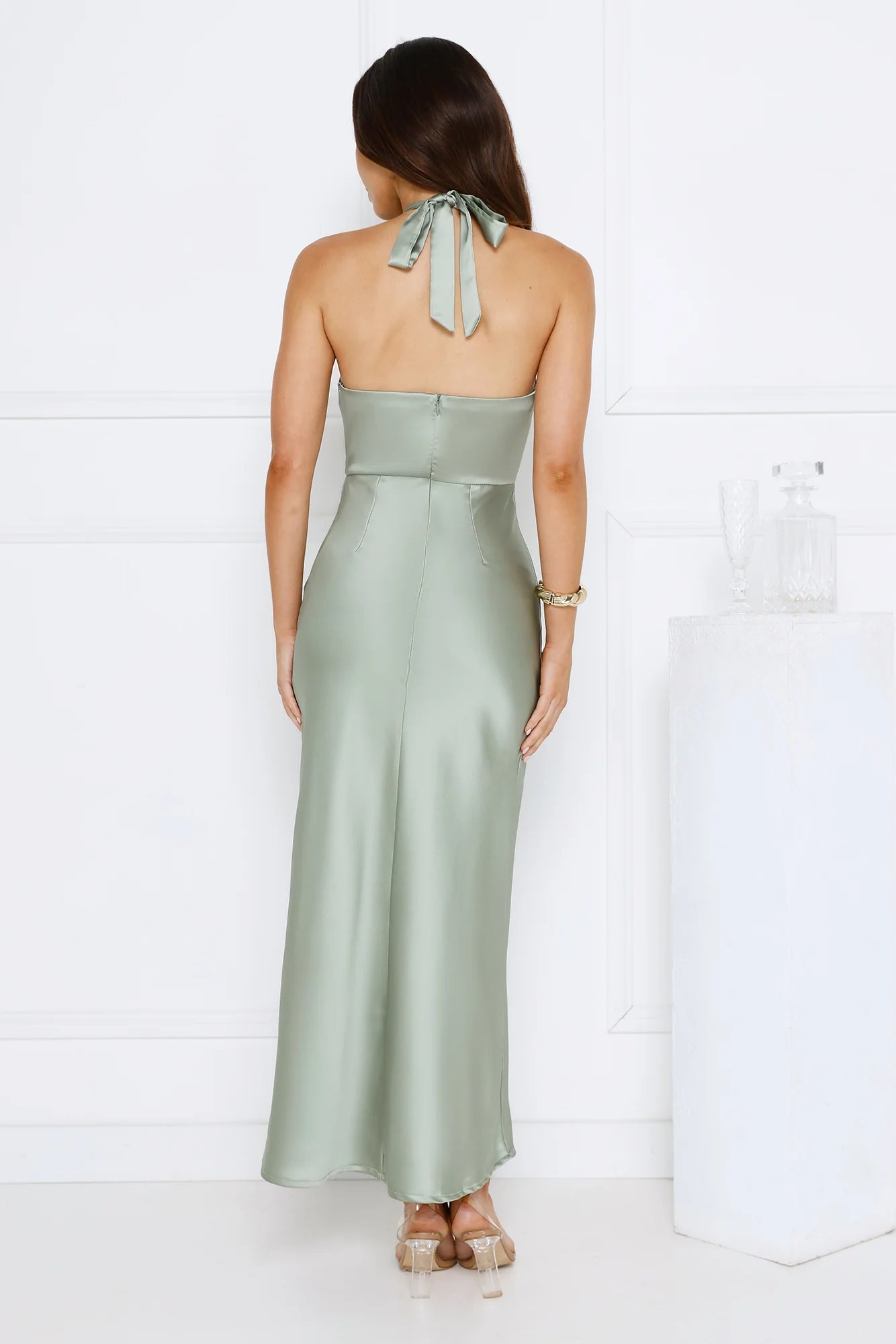 Essence of Style Halter Satin Maxi Dress Sage