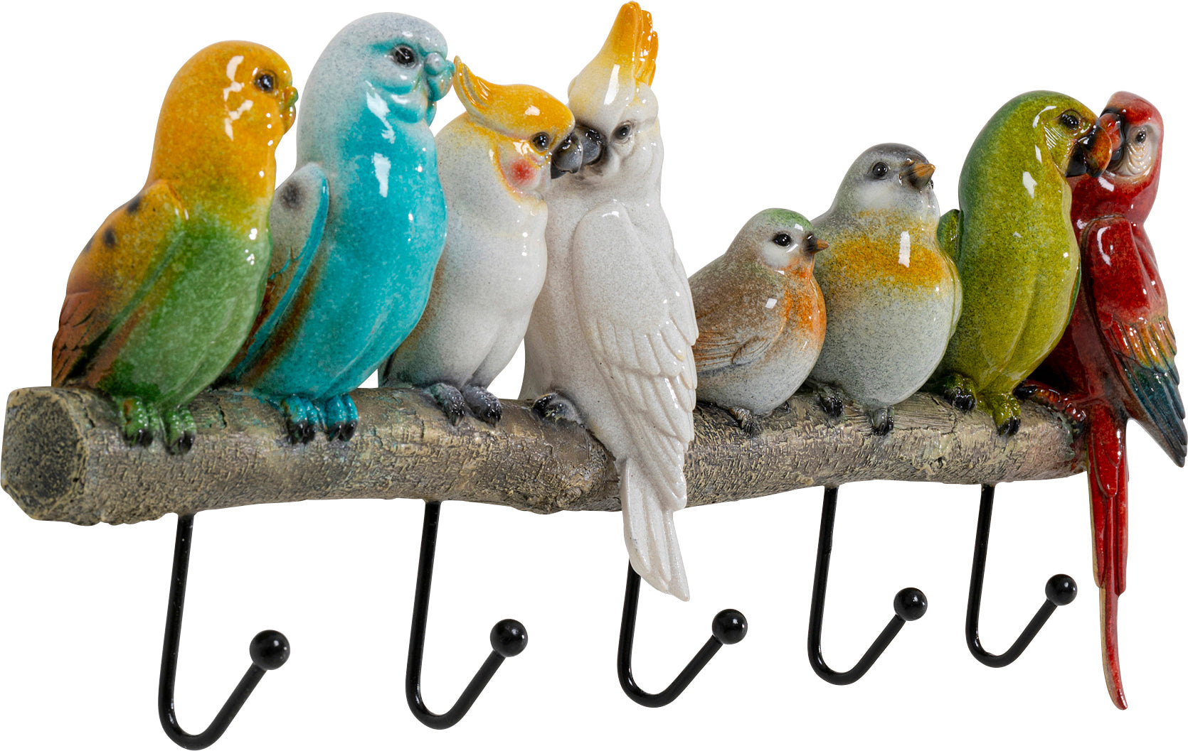 Bunte Keramikvögel sitzen auf einem zweigförmigen Vogelpärchen-Wandhaken und bilden eine farbenfrohe Garderobe mit fünf schwarzen Haken, die Endless-Summer-Feeling in Ihr Zuhause bringen.