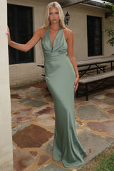 Jessa Plunge Halter Neck Maxi Dress - Olive