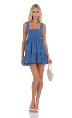 Square Neckline Babydoll Dress in Denim Blue
