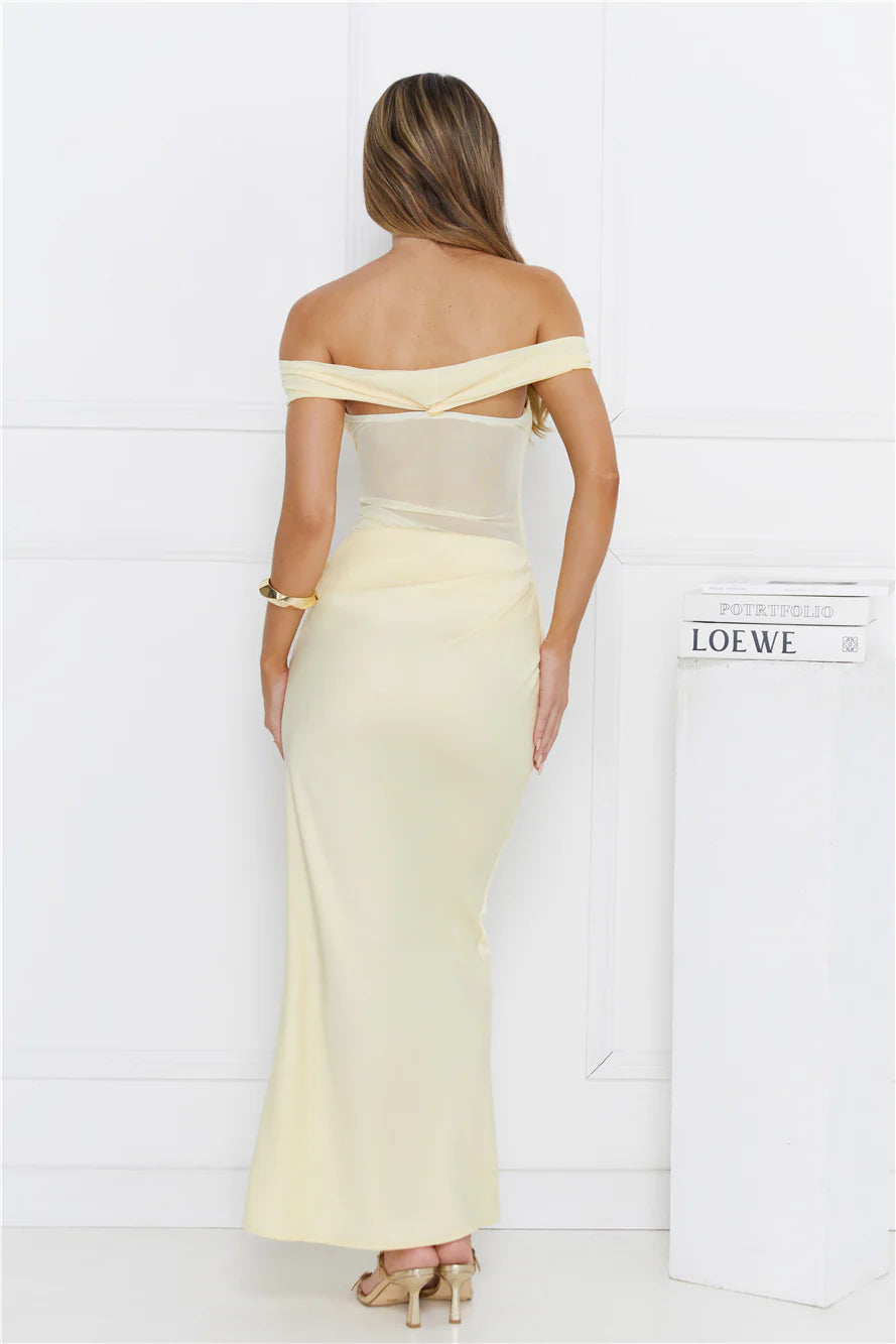 Silent Dreams Mesh Satin Off Shoulder Maxi Dress Yellow