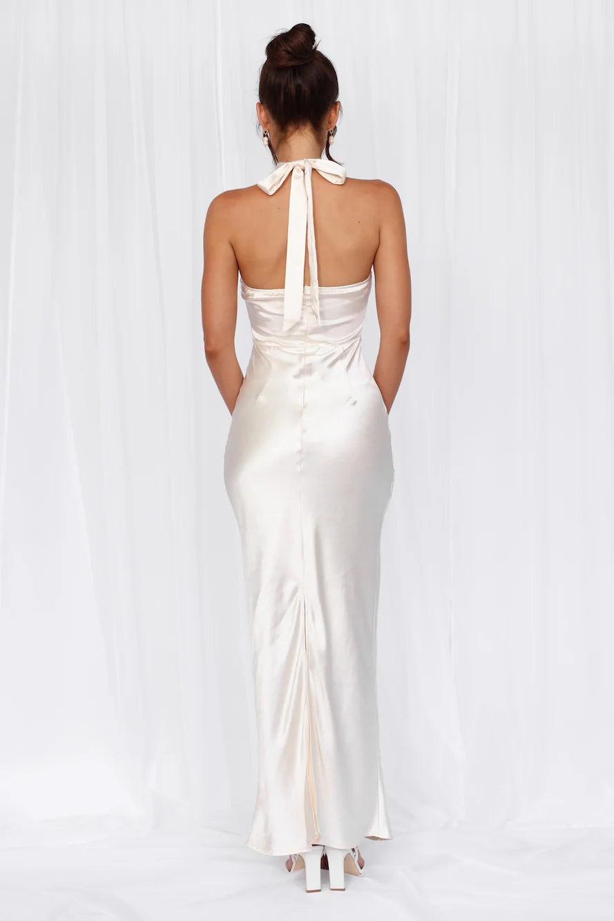 The Cleo Halter Satin Maxi Dress Pearl