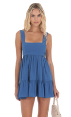 Square Neckline Babydoll Dress in Denim Blue