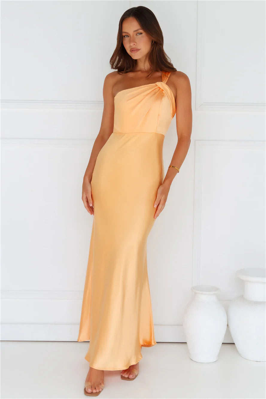 Graceful Elegance One Shoulder Satin Maxi Dress Orange
