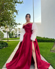 Sonicelife Customized Side High Split Long Trailing Off Shoulder Prom Dresses Bow vestidos de noche Mesh Gloves Formal Evening-(PRE-ORDER)