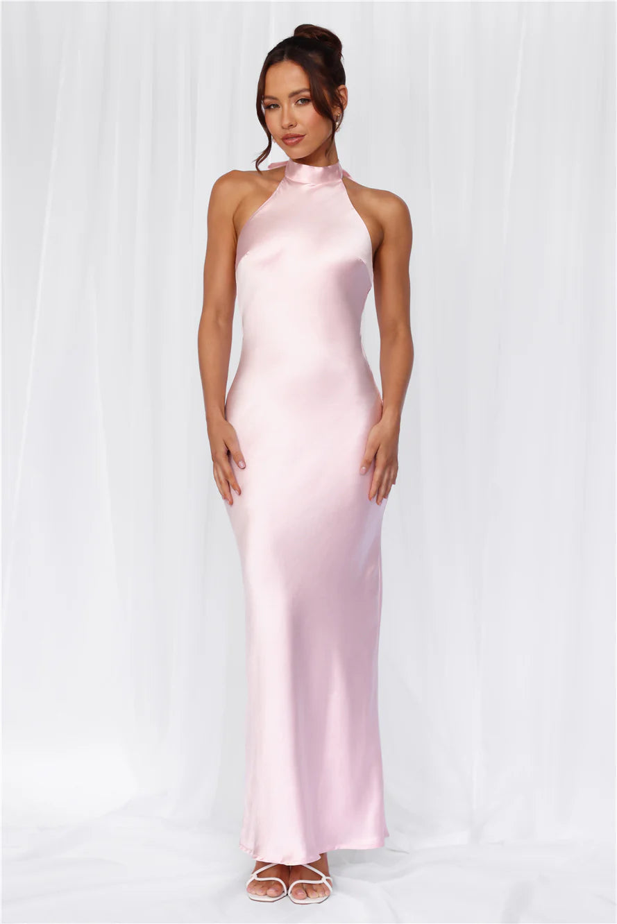 The Cleo Halter Satin Maxi Dress Pink