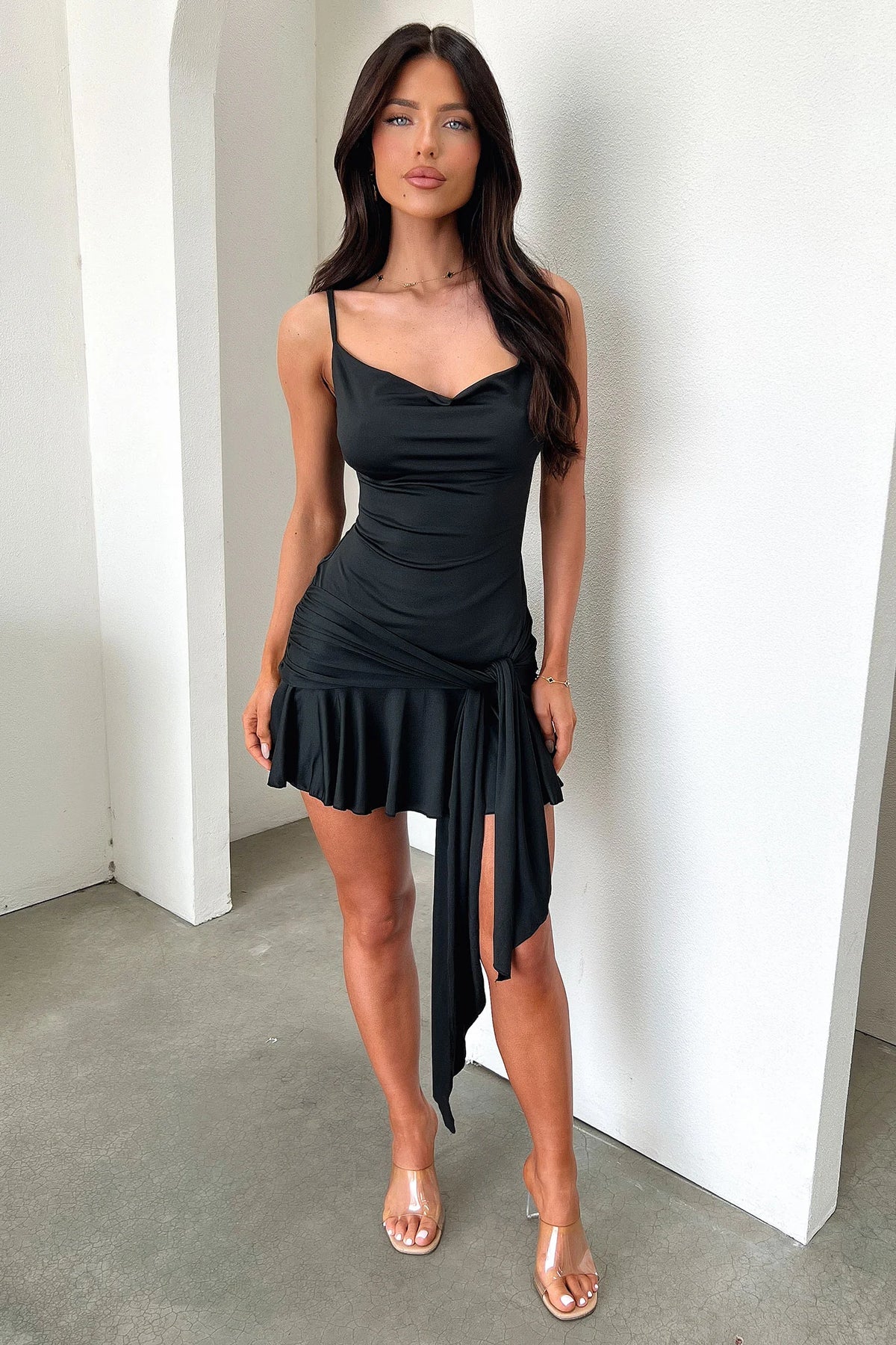 Angelina Cowl Neck Mini Dress - Black