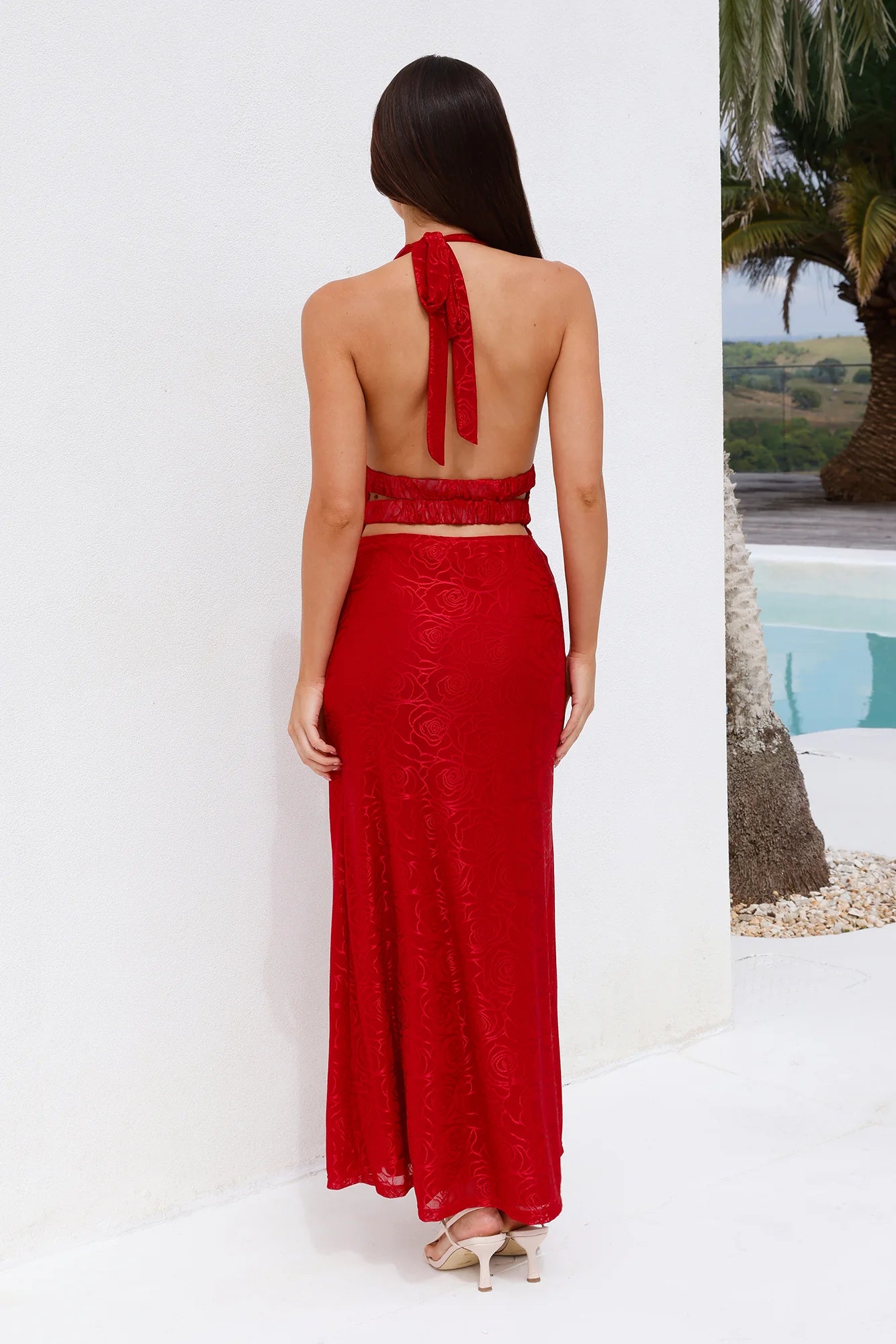 Irresistible Invitations Halter Mesh Maxi Dress Red