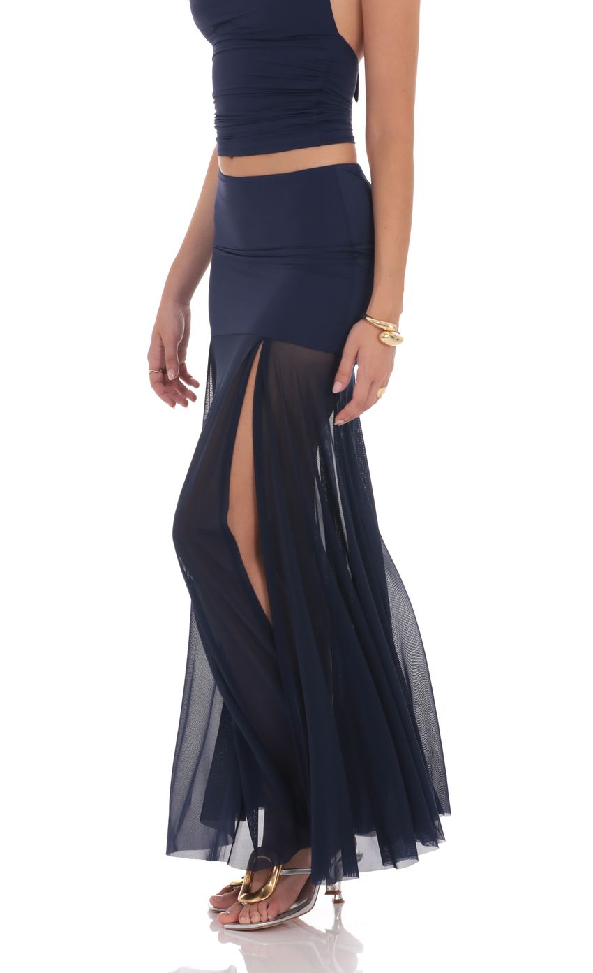 Mesh Fishtail Maxi Skirt in Navy
