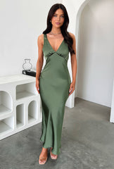 Delayne V-Neck Satin Midi Dress - Olive