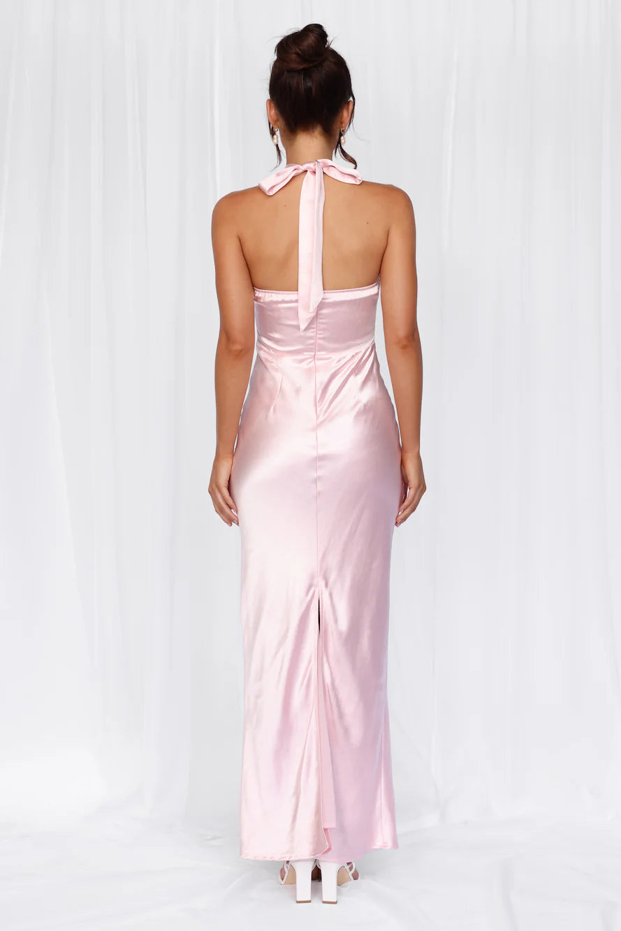 The Cleo Halter Satin Maxi Dress Pink