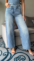 Trisha Light Blue Denim Asymmetrical Waist Wide Leg Jeans