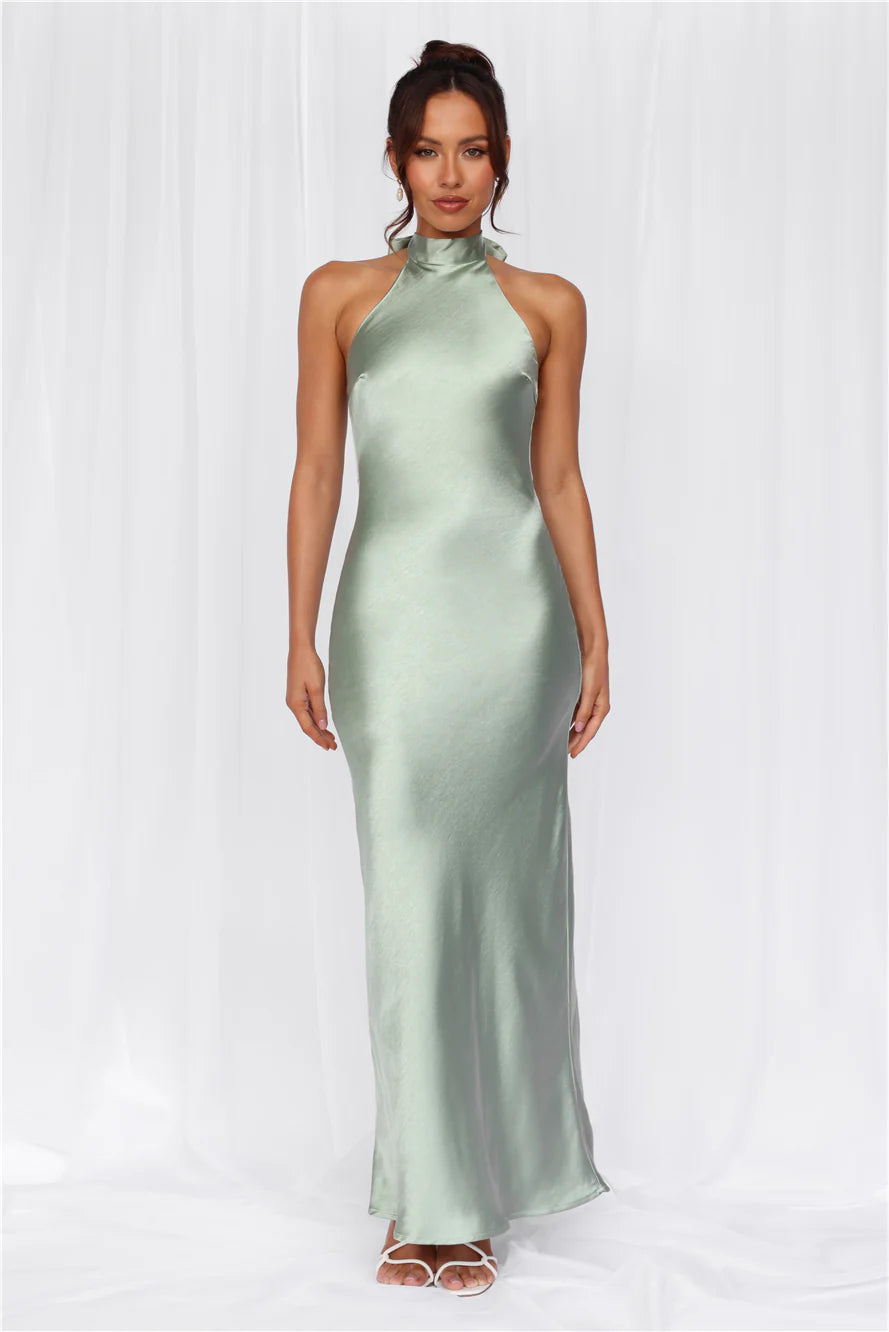 The Cleo Halter Satin Maxi Dress Sage