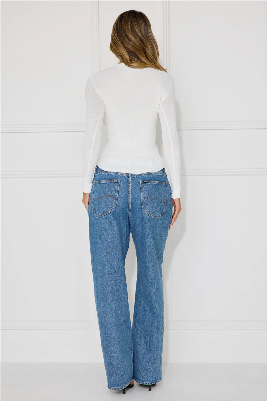 Buttoned Up Ribbed Long Sleeve Top White