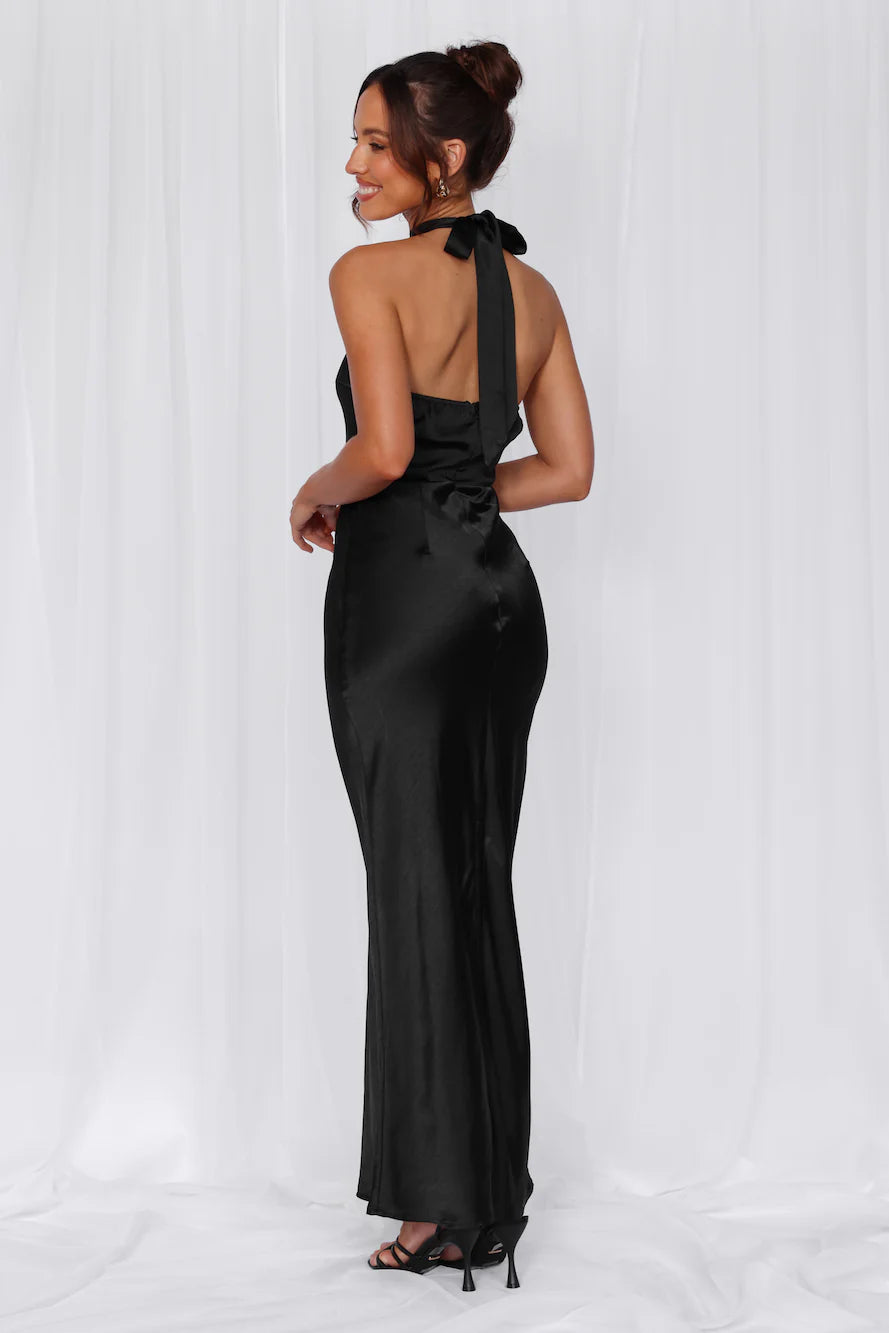 The Cleo Halter Satin Maxi Dress Black