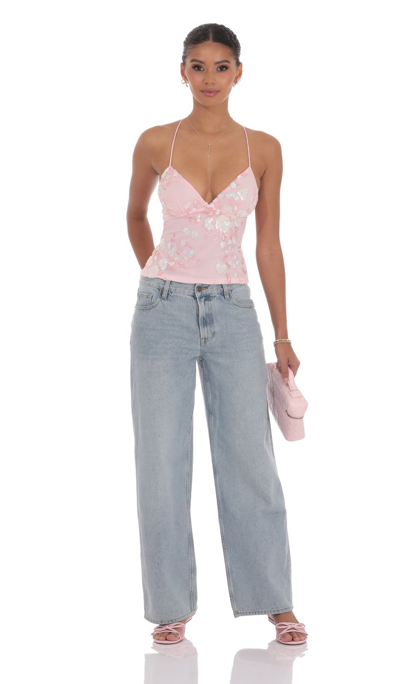 Open Back Sequin Floral Top in Pink