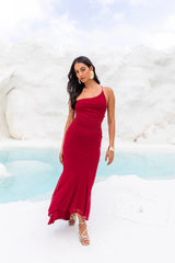 Self Expression One Shoulder Mesh Maxi Dress Red