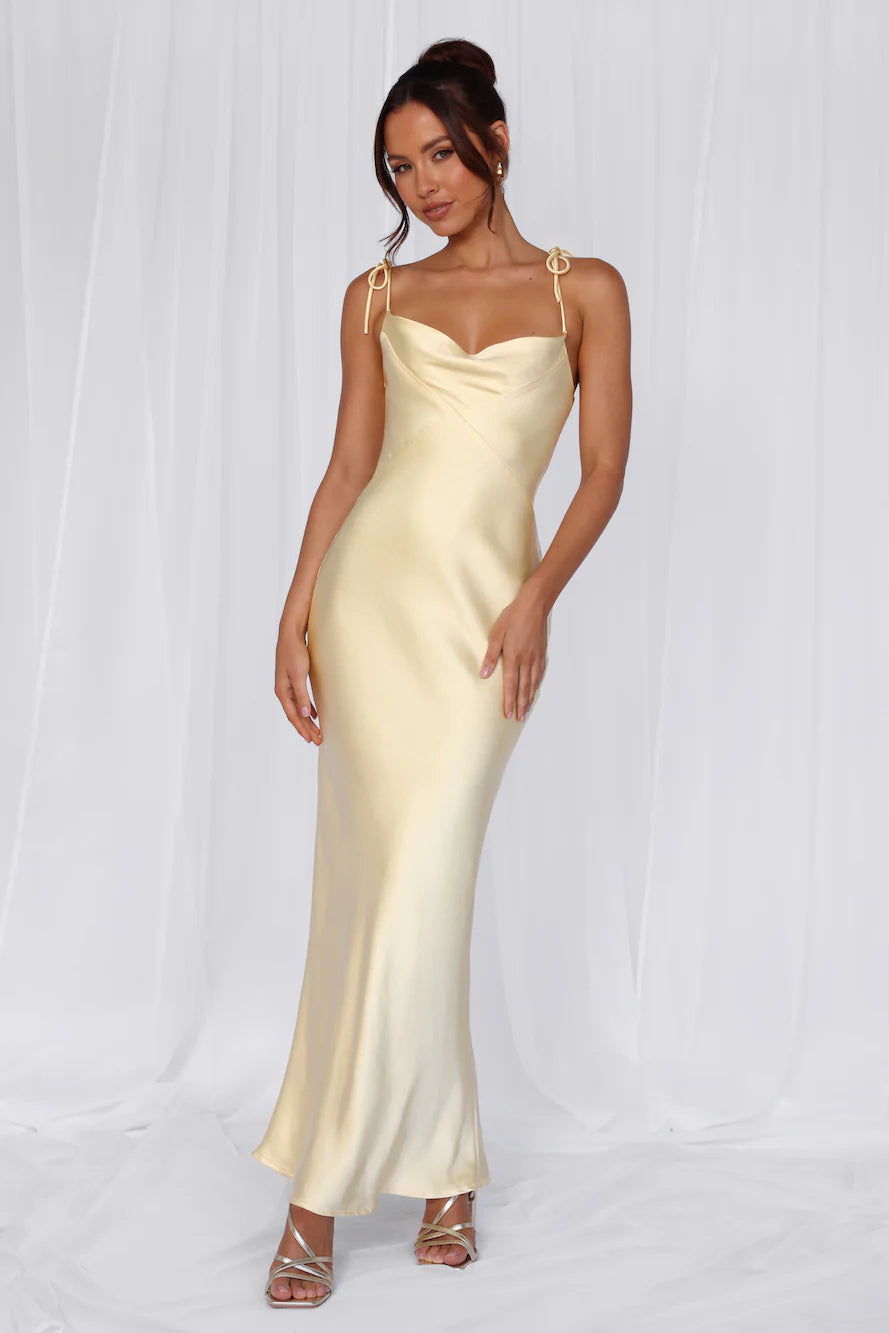 The Penelope Cowl Satin Maxi Dress Yellow