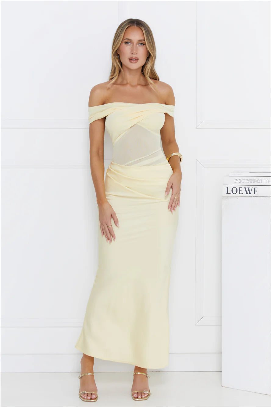 Silent Dreams Mesh Satin Off Shoulder Maxi Dress Yellow