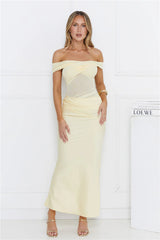 Silent Dreams Mesh Satin Off Shoulder Maxi Dress Yellow