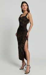 Karlene Midi Dress - Ruched Corset Burnout Dress in Black and Brown