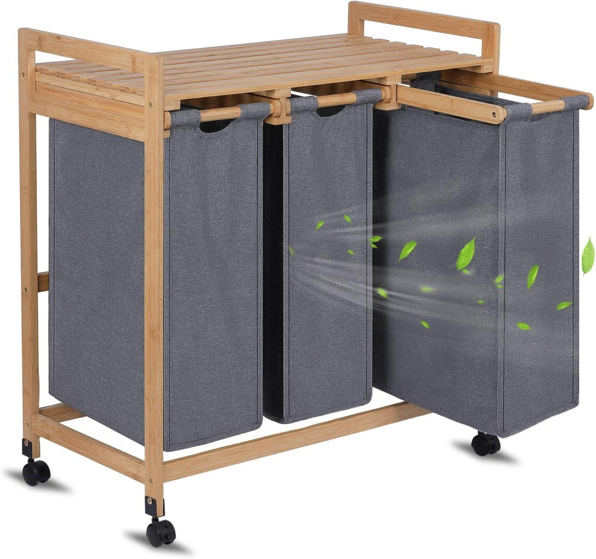 Wäschekorb 3 Fächer Bambus Rollen 150L Grau Oxford-Gewebe
