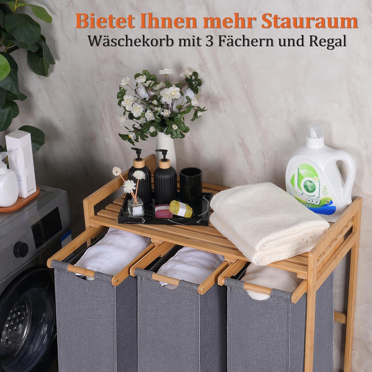 iEGrow Wäschekorb 3 Fächer mit Rollen und Ablage, Bambus