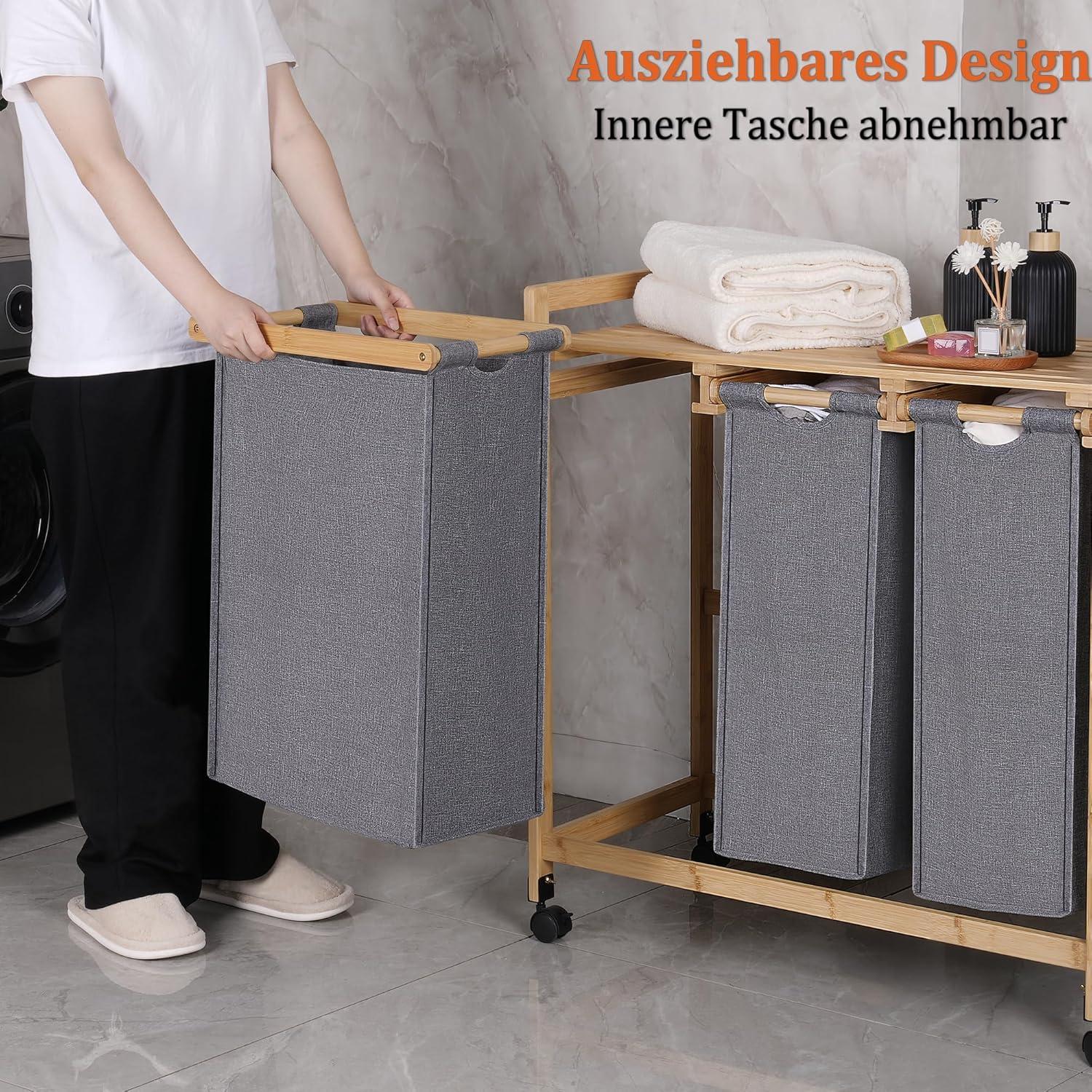 Wäschekorb 3 Fächer Bambus Rollen 150L Grau Oxford-Gewebe